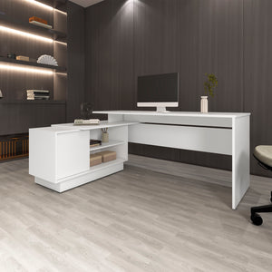 English Elm Weir L-Shaped Desk in Melamine White with Storage Cabinet & Shelves for Modern Compact Offices B128S00014