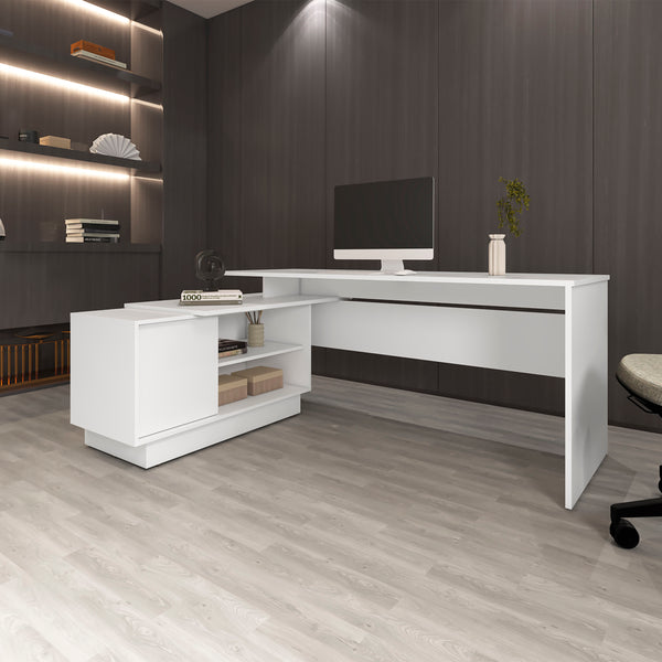 English Elm Weir L-Shaped Desk in Melamine White with Storage Cabinet & Shelves for Modern Compact Offices B128S00014
