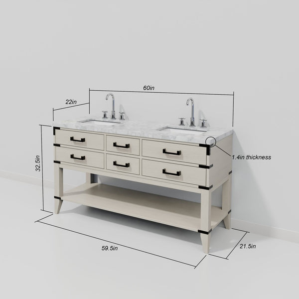 English Elm White Oak Double Bath Vanity With Carrara Marble Top & Chrome Faucet – Elegant Storage Solution B2731P260281-GIGA