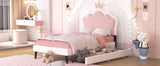 English Elm Twin Size Upholstered Princess Bed With Crown Headboard and 2 Drawers,Twin Size Platform Bed With Headboard and Footboard, Pink+White