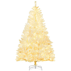 English Elm HOMCOM 6ft Prelit White Artificial Christmas Tree with 638-859 Branches, 220-250 Warm White LEDs, Auto-Open, Flame-Retardant Décor W2225P217081