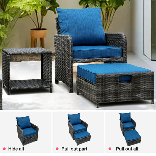 English Elm 5 Piece Wicker Patio Set with Ottomans & Coffee Table Gray PE Rattan Outdoor Conversation Set, Space-Saving Comfort W813P287323