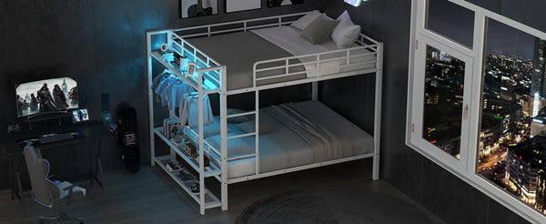 English Elm Full Size Metal Bunk Bed With Led Lights, Storage Shelves & Hooks - Stylish Space-Saver In White N7090000667K