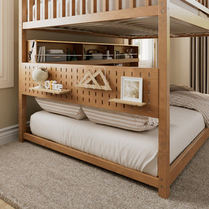English Elm Full Over Bunk Bed with Led Lighting Pegboard Shelving and Pine Wood Frame Brown LT000278AAP