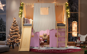 English Elm Full Size Pine Loft Bed with Slide Tent Panels Led Lights and Play Space Below W1580S00291