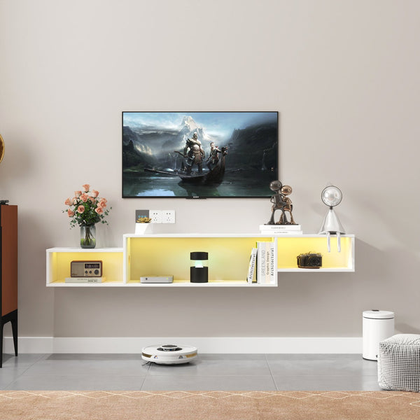 English Elm 65.35in Wall Mounted Floating TV Stand with 20 Color LEDs, Charging Station & Spacious Cable Management for Modern Entertainment White W331P242457