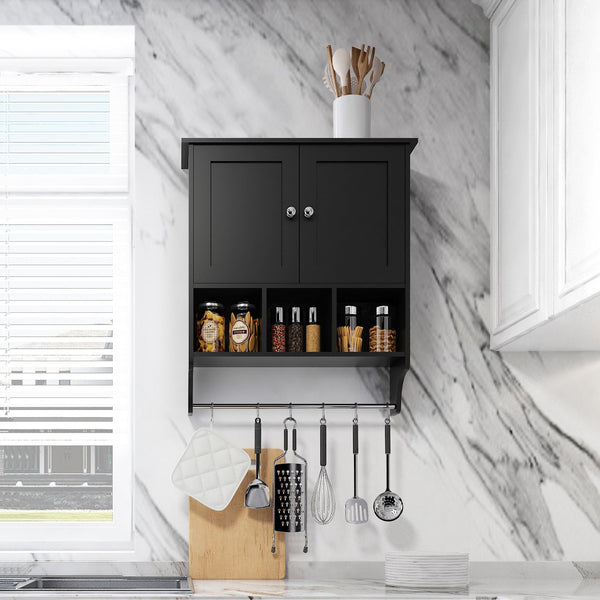 English Elm Bathroom Wall Cabinet with Towel Bar — Durable P2 MDF, Wall-Mount Storage for Toiletries & Medicine Black W2386P196627