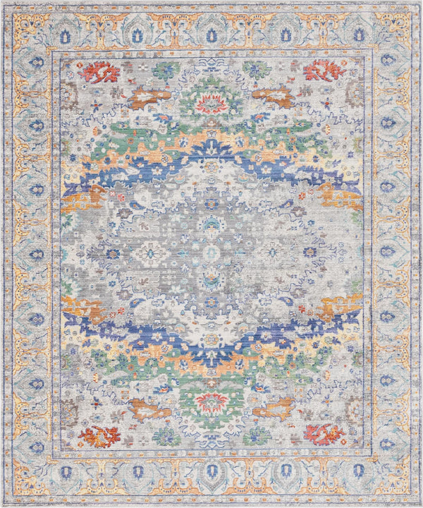 Unique Loom Austin Voce Machine Made Border Rug Light Gray, Blue/Gold/Green/Red/Pink 8' 0" x 10' 0"