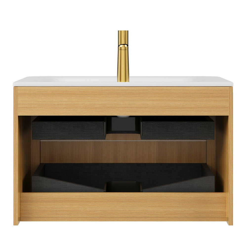 English Elm ZANE Floating 30" Vanity with Integrated Hot-Press Sintered Stone Basin, Soft-Close Drawers, Plywood Cabinet W2615P360722
