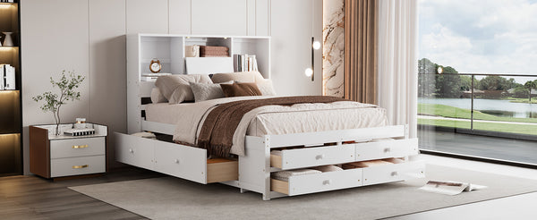 English Elm Queen Platform Bed Solid Pine Frame with Storage Headboard and Eight Organizer Drawers White GX000453AAK-1