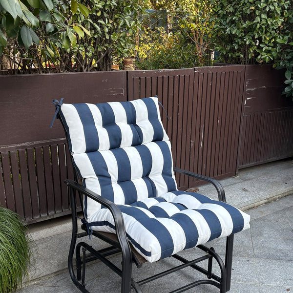 English Elm 2 Piece High Back Patio Chair Cushions Set, Tufted Reversible Outdoor Rocking & Adirondack Pads for Porch Seating Blue Stripe W419P271777