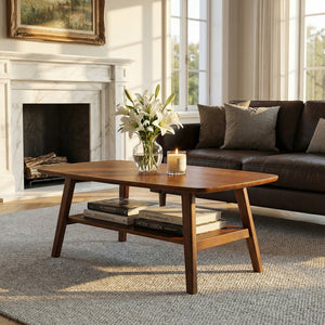 English Elm Mid Century Modern Solid Oak Two Tier Coffee Table with Open Shelf for Living Room Walnut W3204P469105