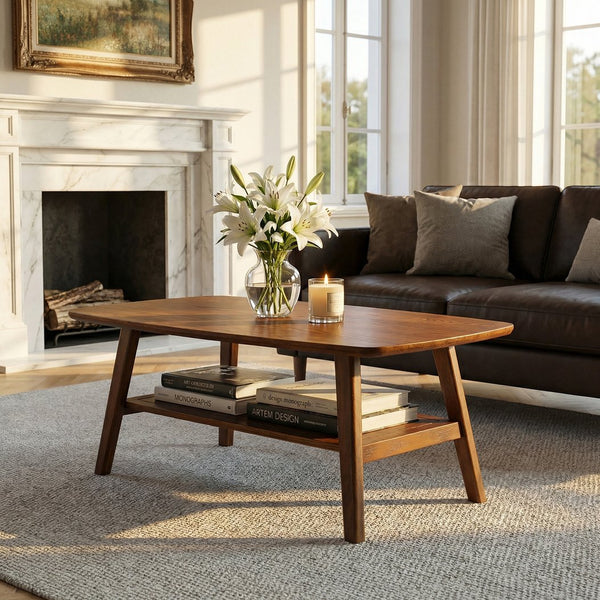 English Elm Mid Century Modern Solid Oak Two Tier Coffee Table with Open Shelf for Living Room Walnut W3204P469105
