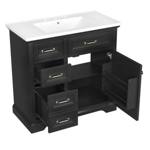 English Elm 36-Inch Modern Bathroom Vanity with Ceramic Basin, 4 Drawers & Soft-Close Door, Pre-Drilled Faucet Ready, Durable MDF and Solid Wood Construction (36"L x 18.3"W x 33.4"H) Black N725P296118B