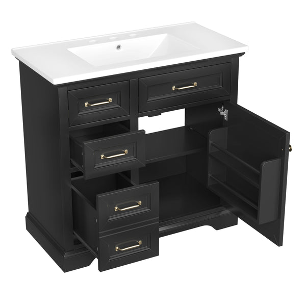 English Elm 36-Inch Modern Bathroom Vanity with Ceramic Basin, 4 Drawers & Soft-Close Door, Pre-Drilled Faucet Ready, Durable MDF and Solid Wood Construction (36"L x 18.3"W x 33.4"H) Black N725P296118B