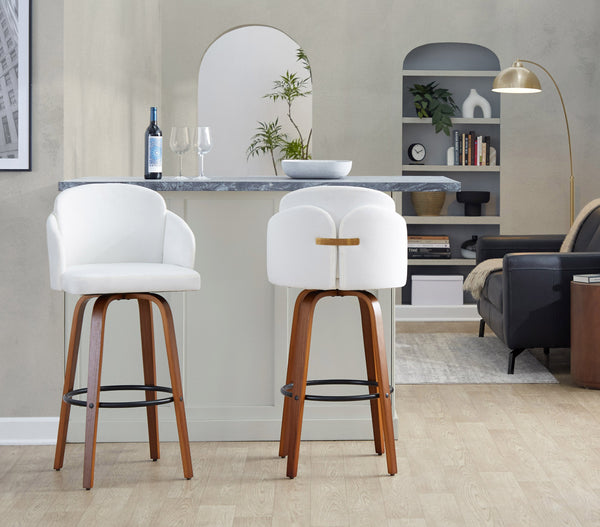 English Elm Fixed-height Mid-century Barstools with Walnut Legs and Grey Upholstered Seats Set Cream B202S01905