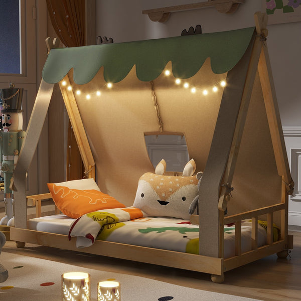 English Elm Twin Cabin Bed with Detachable Tent Skylight and Woodland Deer Antler Accents White N708P356716K