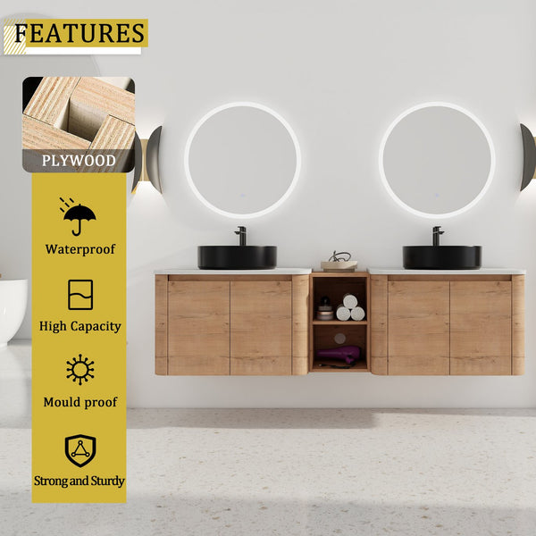 English Elm 72'' Wall-Mounted Bathroom Vanity With Elegant Ceramic Sink, Soft-Close Doors & Ample Storage Space W999S00417
