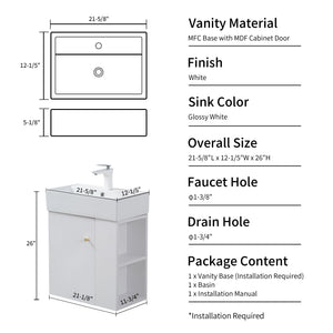 English Elm 21.6" Floating Bathroom Vanity Ceramic Sink Soft Close Door Brushed Copper Hardware White W1920S00196