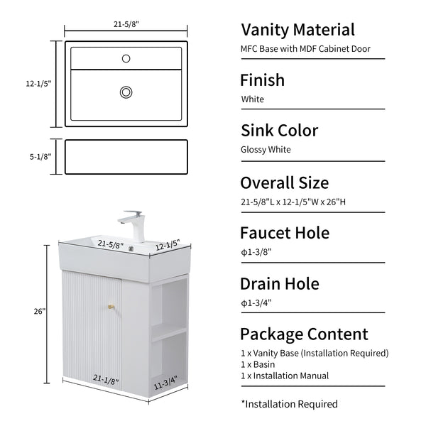 English Elm 21.6" Floating Bathroom Vanity Ceramic Sink Soft Close Door Brushed Copper Hardware White W1920S00196