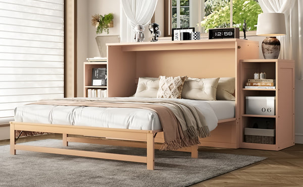 English Elm Queen Murphy Bed With Elegant Golden Finish, Spacious Storage Drawers, And Shelves For Compact Spaces W1580S00258-GIGA