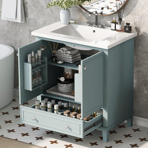 English Elm 30" Bathroom Vanity with Sink — Modern Freestanding 30" Cabinet with Ceramic Top, Drawer, Doors, Shelf Green N725P221263C