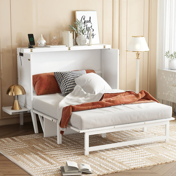 English Elm Full Size Murphy Cabinet Bed Solid Pine with Usb Charging Desk Home Office W504S00166