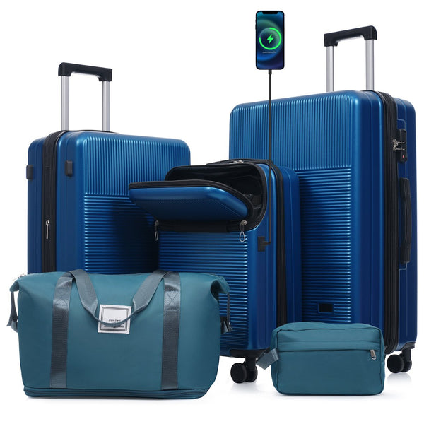 English Elm Luggage 5 Piece Hardside Abs Set with Front Access Carry on and Tsa Spinner Wheels Blue N732P391579C