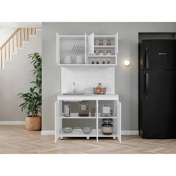 English Elm White Compact Kitchen Cabinet Set with Dishwasher Bay Upper Storage and Side Shelves B062S01876