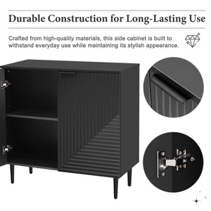 English Elm Mirod Lacquered Side Cabinet Geometric Door Panels Metal Legs Adjustable Interior Shelves Black N760P221050B