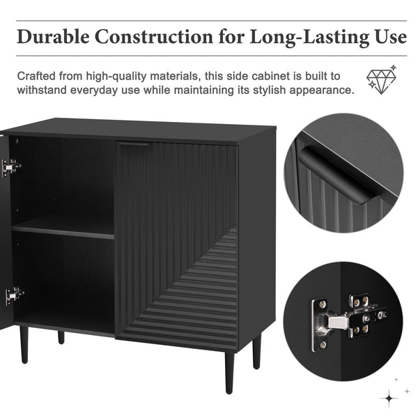 English Elm Mirod Lacquered Side Cabinet Geometric Door Panels Metal Legs Adjustable Interior Shelves Black N760P221050B