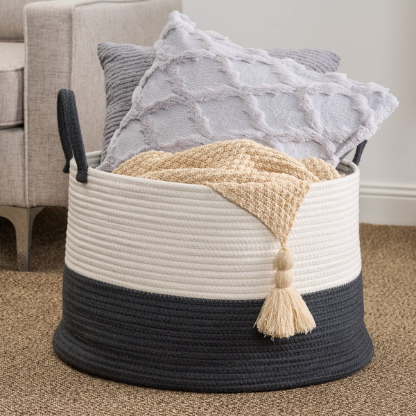 English Elm Cotton Round Laundry & Storage Basket with Sturdy Handles 21.7"x13" Spacious Neutral Two-Tone Design Gray,White B093P295078