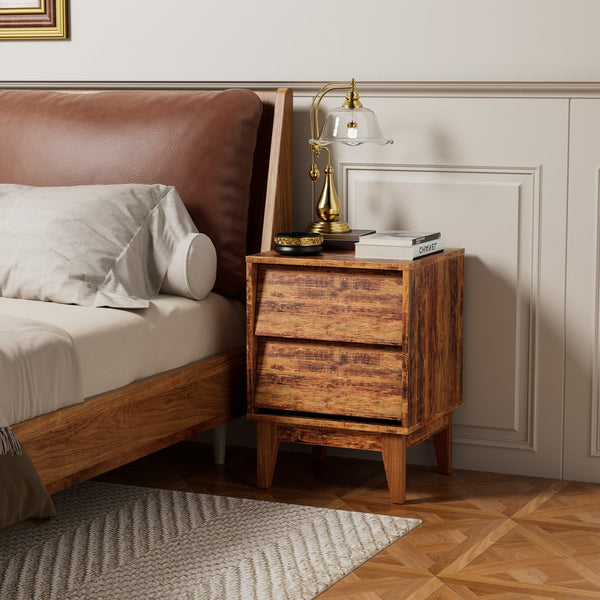 English Elm 2 Nightstands Vintage Bevel Design with Hidden Drawer Pulls and Solid Wood Legs for Stable Style Brown W578P192477