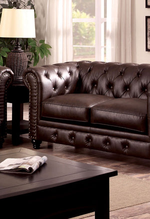 English Elm Contemporary Button-Tufted Loveseat with Nailhead Trim and Rolled Arms in Leatherette, Chic Design Brown 68 L x 30 W x 38 H B2741P322611