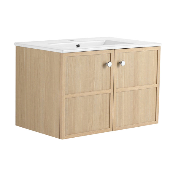 English Elm 30" Oak Wall-Mounted Bathroom Vanity with Ceramic Sink, 2 Soft-Closing Doors, Plywood Build, Space-Saving Design W1972S00022