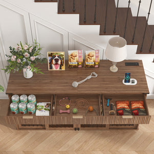 English Elm 71'' Walnut Woodgrain Dog Kennel Cabinet with Fluted Drawers and Built-in Power Station W5216S00002