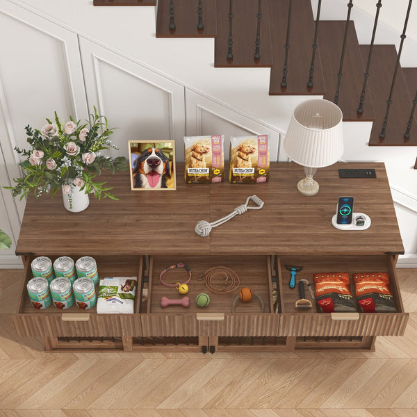 English Elm 71'' Walnut Woodgrain Dog Kennel Cabinet with Fluted Drawers and Built-in Power Station W5216S00002