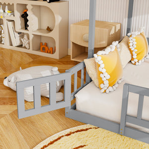 English Elm Twin Over Full Bunk Bed Solid Pine Frame with Built-in Slide and Storage Staircase Grey W504S00289