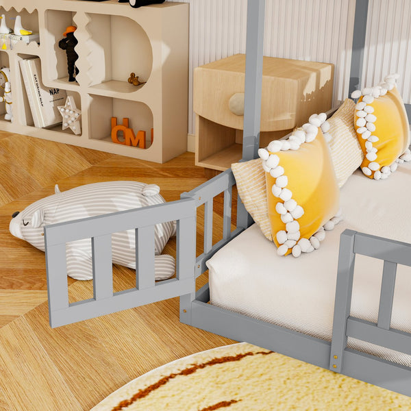 English Elm Twin Over Full Bunk Bed Solid Pine Frame with Built-in Slide and Storage Staircase Grey W504S00289