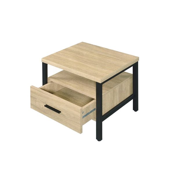English Elm One Drawer Nightstand With Open Shelf - Rustic Oak And Black Metal For Modern Bedroom Style B016P256523