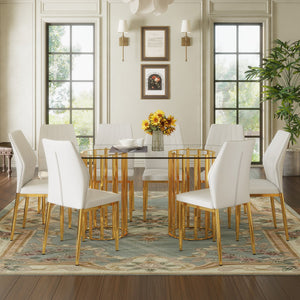 English Elm Table and Chair Set Oval Glass Top Gold Base with 8 Shell Pu Dining Chairs W1151S04729
