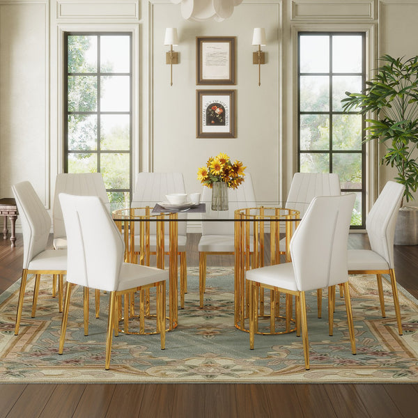 English Elm Table and Chair Set Oval Glass Top Gold Base with 8 Shell Pu Dining Chairs W1151S04729
