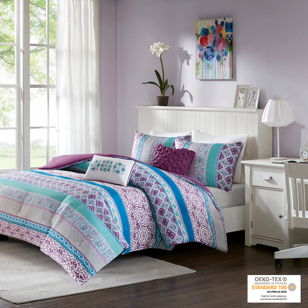 JLA Home Intelligent Design - Comforter Joni Boho Multi-Print with Solid Purple Reverse, OEKO-TEX Antimicrobial Finish, Machine Washable 90 L x 90 W x 1H ID10-1099