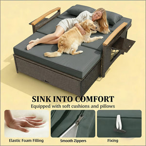 English Elm 4-in-1 Wicker Outdoor Daybed with Acacia Armrests Reclining Loveseat and Storage Ottoman Gray T3971P484825