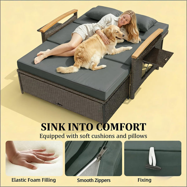 English Elm 4-in-1 Wicker Outdoor Daybed with Acacia Armrests Reclining Loveseat and Storage Ottoman Gray T3971P484825