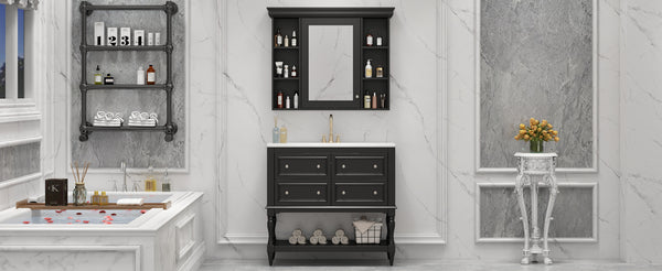 English Elm 36'' Modern Bathroom Vanity with Ceramic Sink and Medicine Cabinet, Solid Wood Frame, 4 Drawers, Waterproof Finish Black SW000138AAB-1