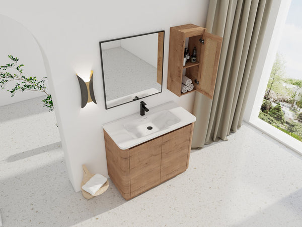 English Elm 40'' Freestanding Bathroom Vanity With Ceramic Sink, Soft-Close Doors & Side Cabinet For Stylish Storage W999S00404