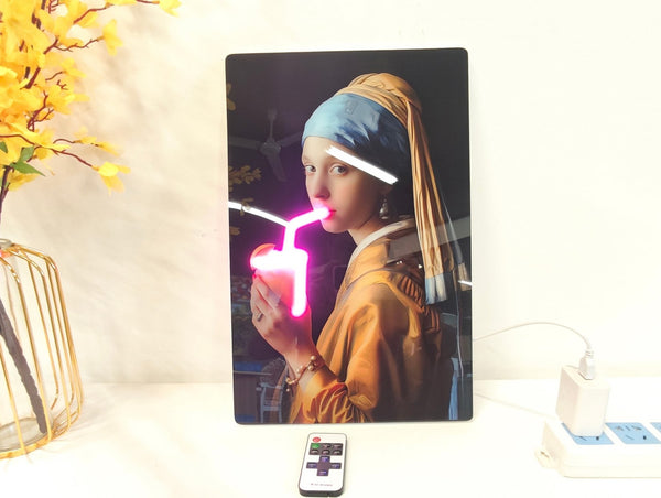 English Elm 24X16 Neon Style Led Wall Art – Illuminated Girl With Pearl Earring Acrylic Print For Modern Spaces T3976P383261