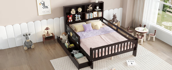 English Elm Full Solid Wood Platform Bed with Chalkboard Headboard, Storage Drawers & Shelves, Kid-Friendly White Espresso W1580P362709