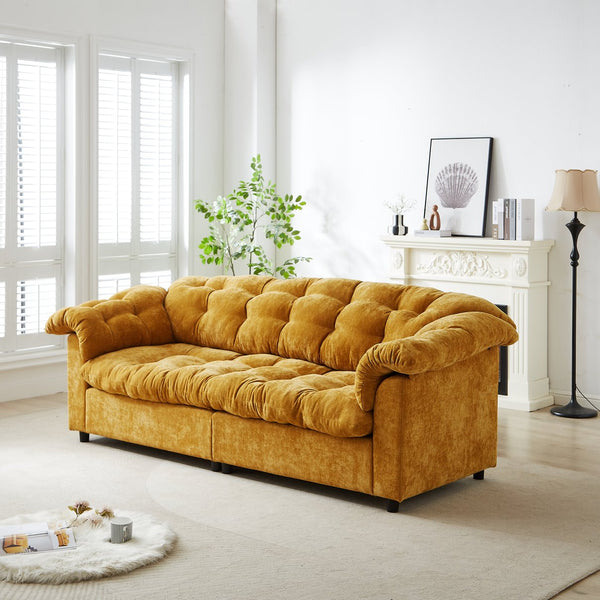 English Elm 99.2" Chenille Modern Deep Seat Sofa with Cloud-Like Cushioning, Zippered Arm Pads & Solid Wood Frame Yellow W1193S00151